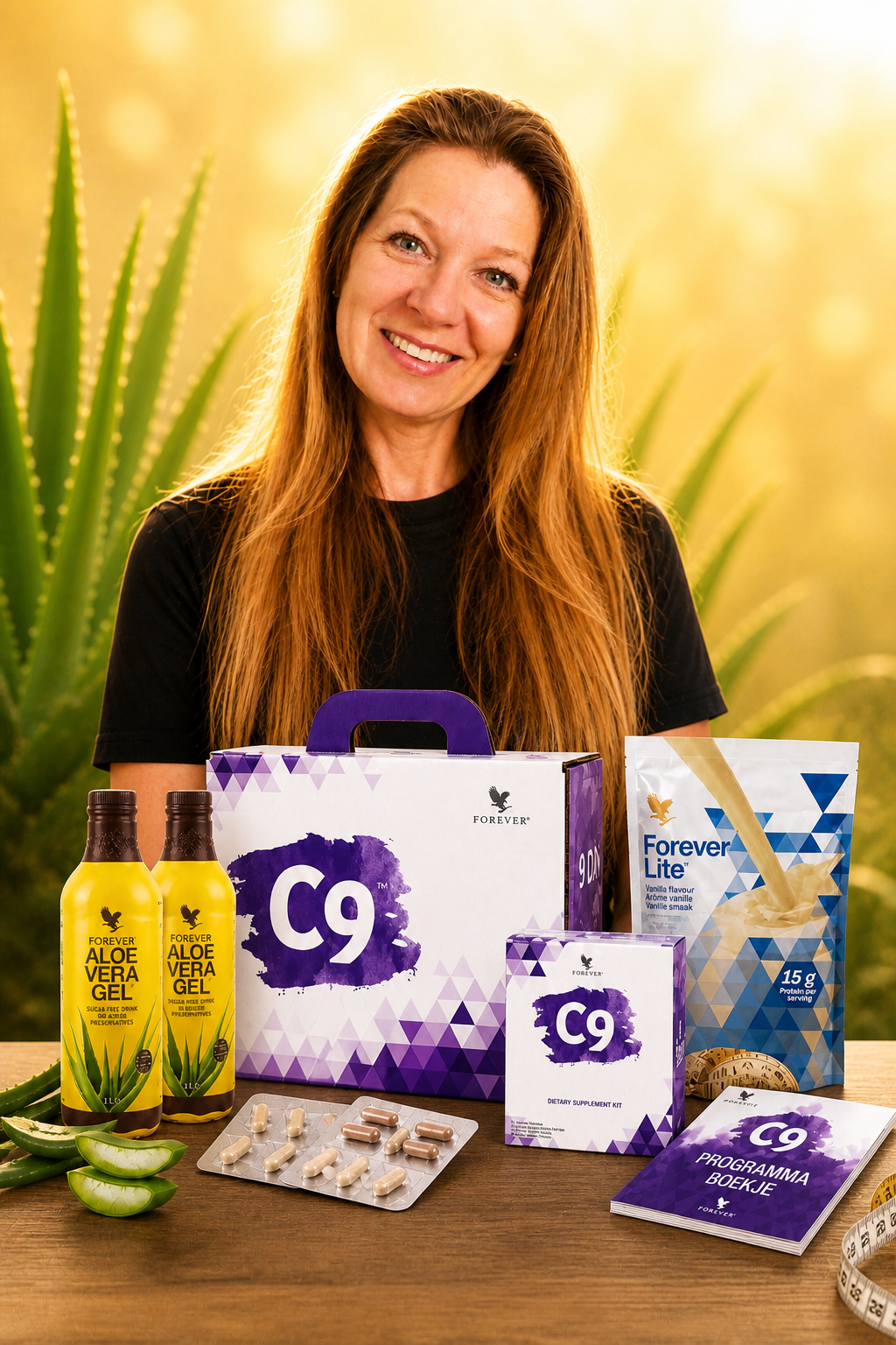 Magdalena met Forever C9 productenset en aloë vera planten