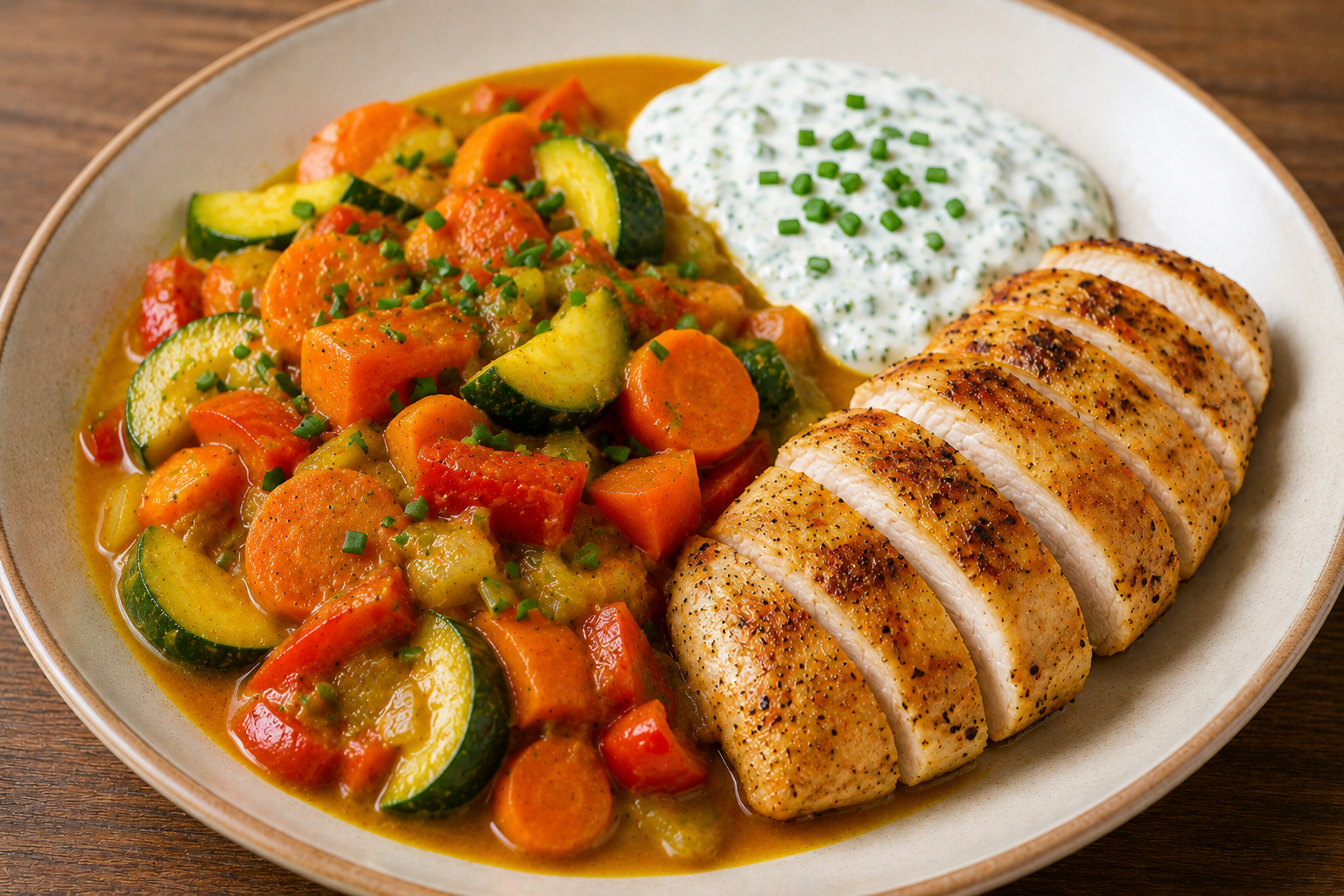 Currykip met wortel, courgette en paprika